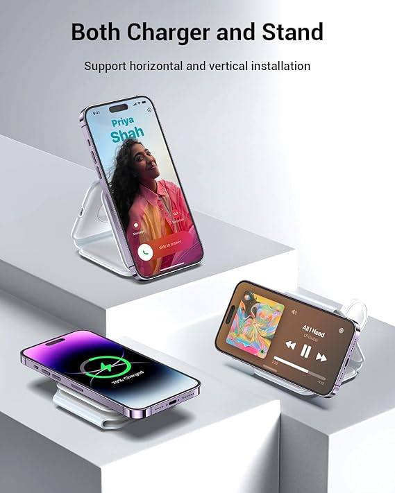 Wireless Charger, Magnetic Foldable 3 in 1 Mag-Safe Charger, Fast Travel Wireless Charging Station for iPhone 15/14/13/12/ Series,for iWatch,for AirPods (Adapter Included)