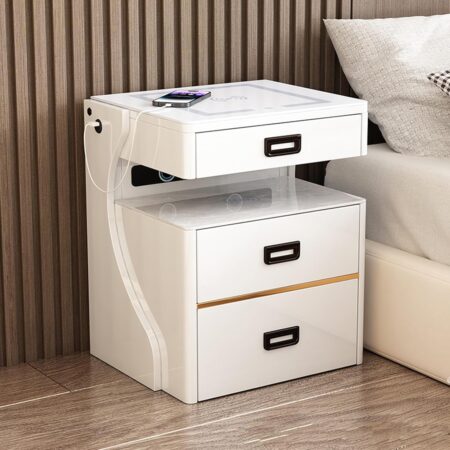 Smart htstand, Bàn phụ thông minh, htstand có sạc không dây, Đèn LED 3 màu, Cổng USB có thể điều chỉnh độ sáng vô hạn, Bàn đầu giường có 3 ngăn kéo độc lập